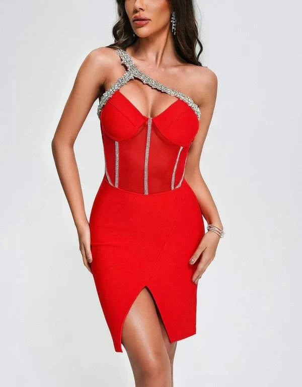 Hot Sexy Wholesale Clothing Ladies One Shoulder Party Dress Beaded  Rhinestone Mini Prom Dresses