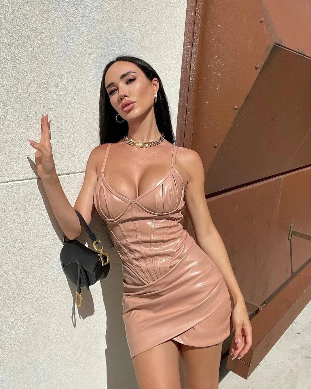 Hot women PU strap sexy mini club dresses leather dress