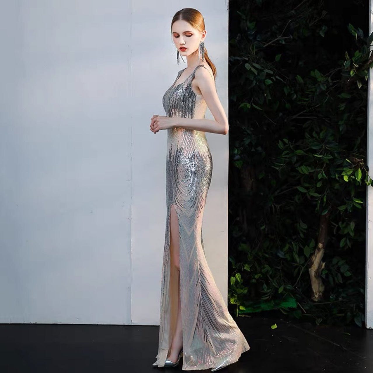 hottest style sexy summer new fashion puff luxury high slit solid color elegant v neck square neck mermaid  women