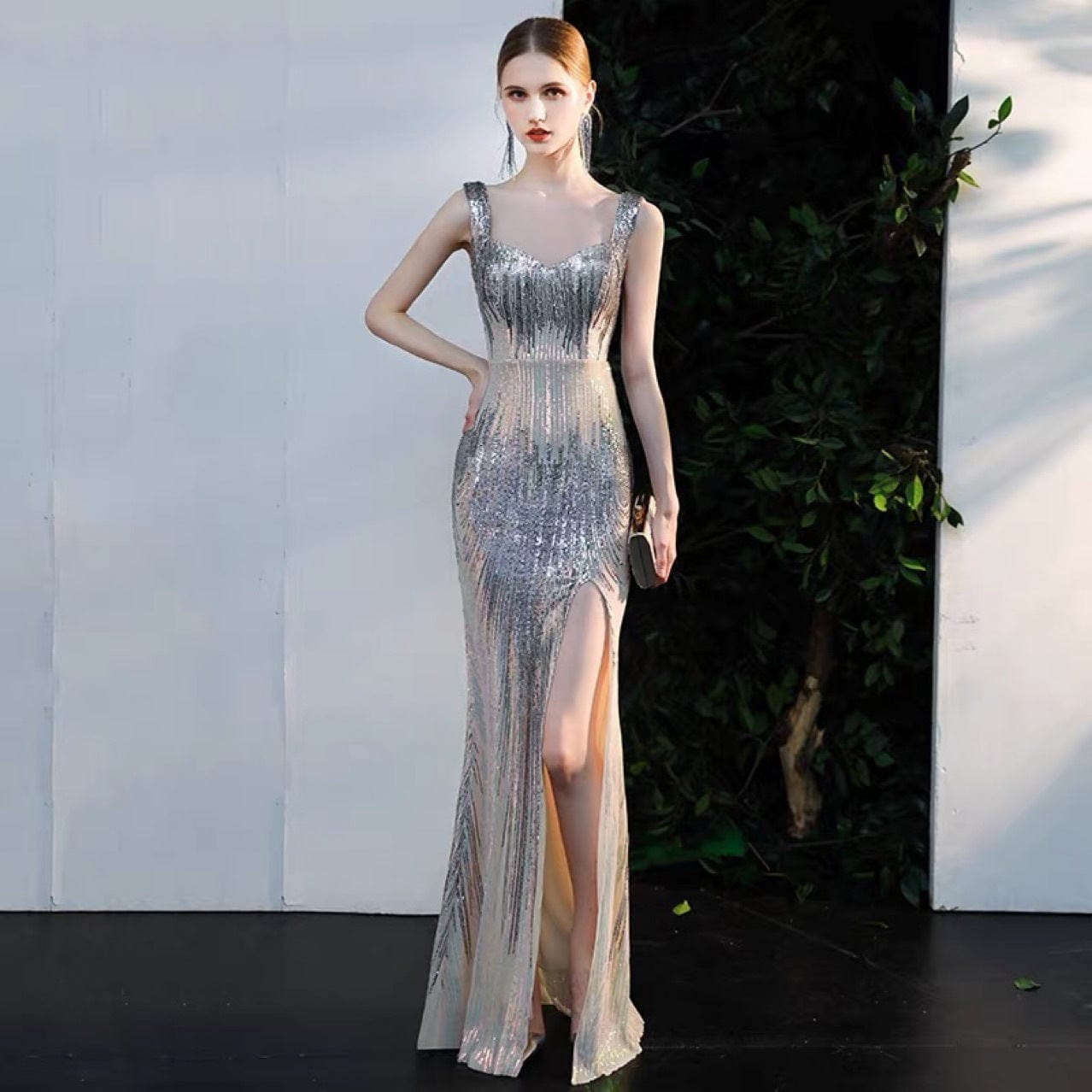 hottest style sexy summer new fashion puff luxury high slit solid color elegant v neck square neck mermaid  women