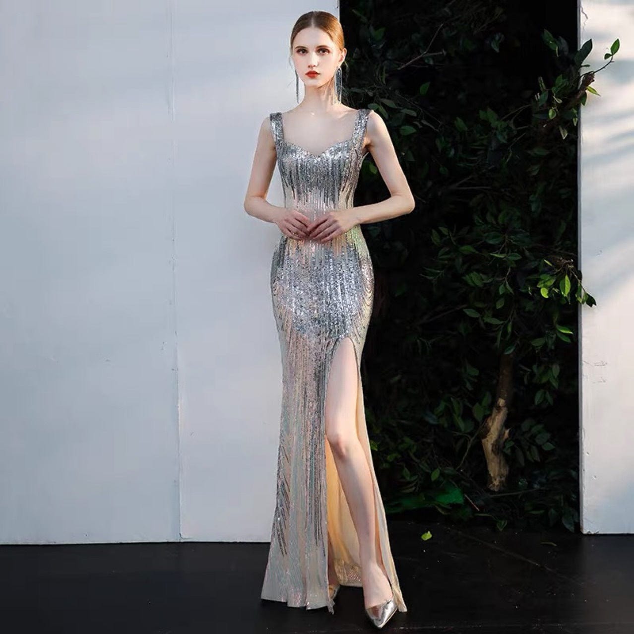 hottest style sexy summer new fashion puff luxury high slit solid color elegant v neck square neck mermaid  women