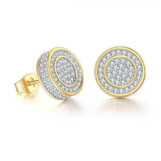 HOYON 14K Gold Gilded Hip-Hop Full Diamond 3A Zircon Micro-Set Earrings for Men Hipster Round and Square Style