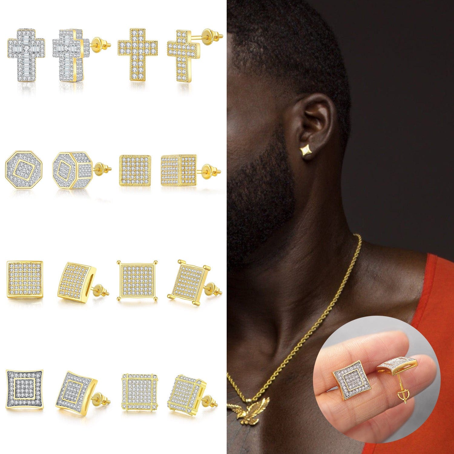 HOYON Hip hop white gemstone zircon stud earrings for men and women  full diamond and gold thread jewelry