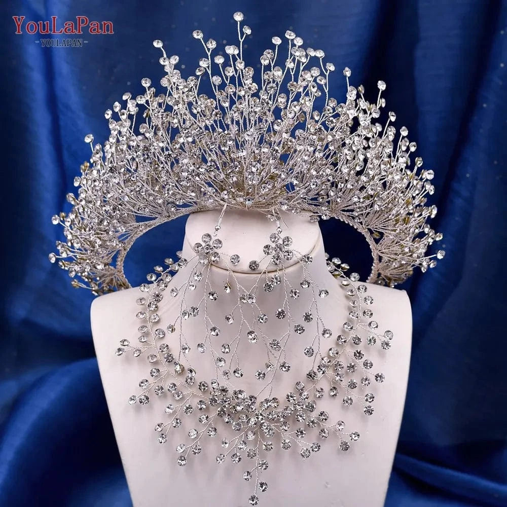 HP193-silver set(crown+earring+necalace) Youlapan HP193 Shiny Full Rhinestones Hair Band Pageant Hair Accessories Luxury Princess Wedding Crown Bridal Tiara
