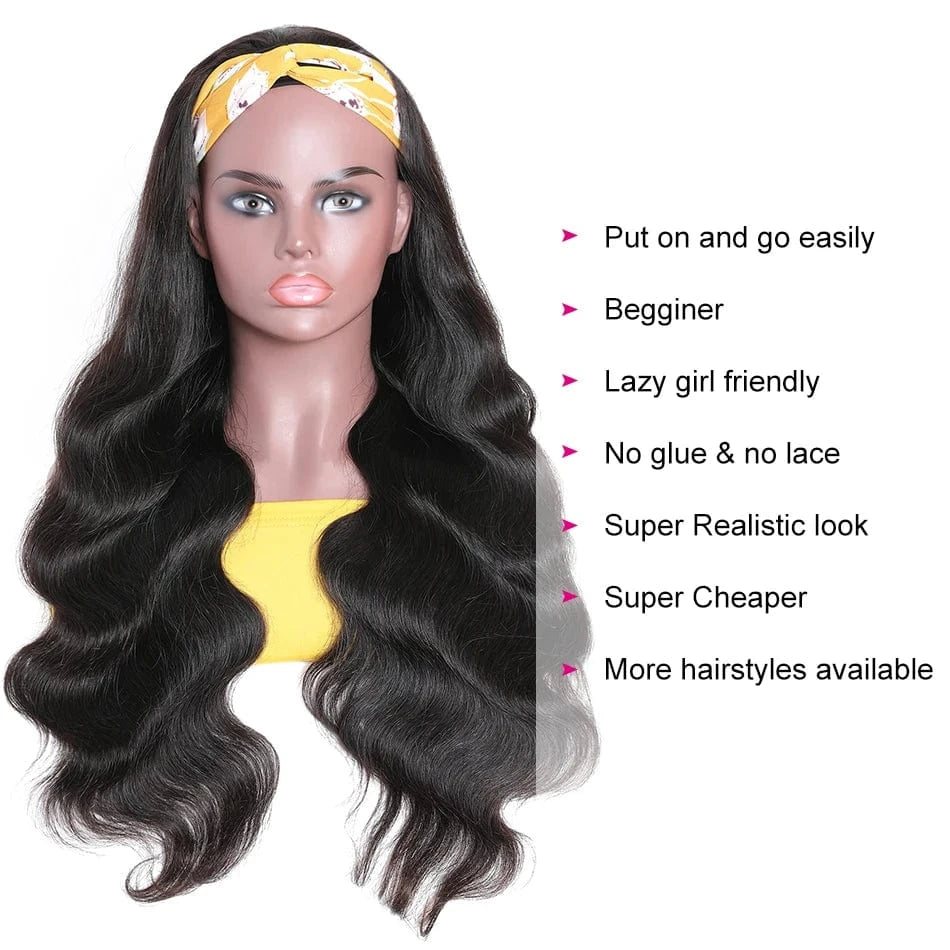 Human Hair Headband Scarf Wig body wave Hair Glueless Wig For Women Machine Made Non-Lace Wigs top quality
