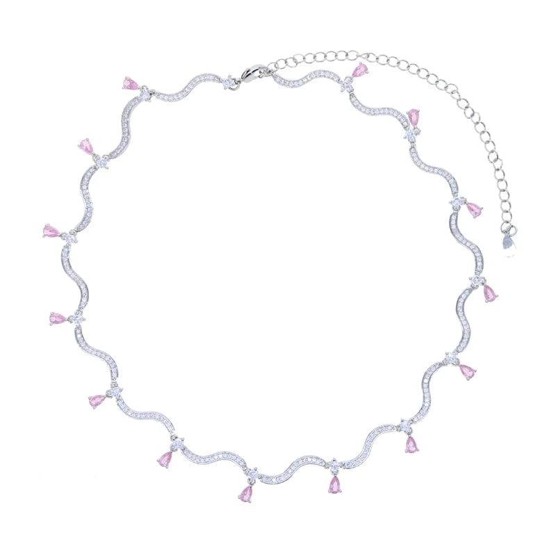 Iced Out Bling Luxury Women Choker Silver Plated 5A Tear Drop White Pink Cubic Zirconia Wave Chain Necklace Wedding Gift