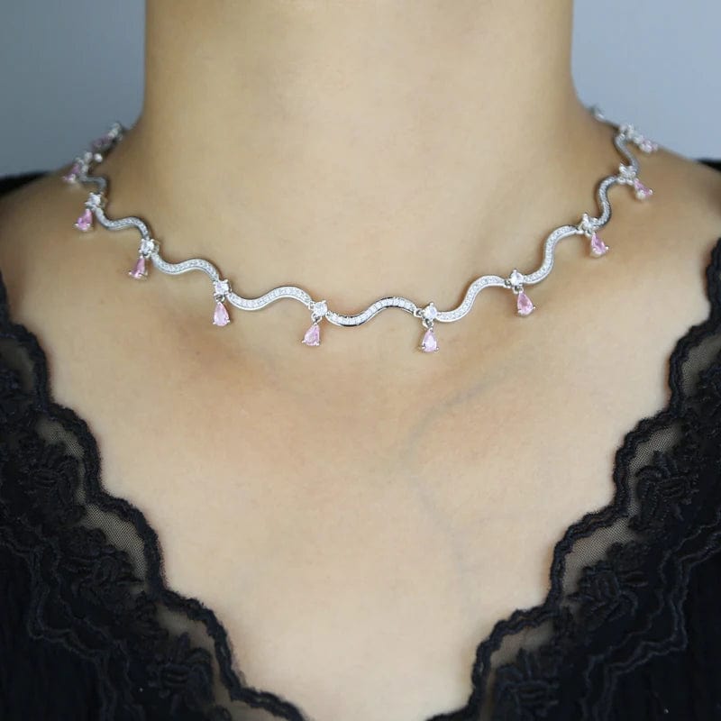 Iced Out Bling Luxury Women Choker Silver Plated 5A Tear Drop White Pink Cubic Zirconia Wave Chain Necklace Wedding Gift