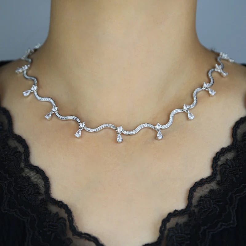 Iced Out Bling Luxury Women Choker Silver Plated 5A Tear Drop White Pink Cubic Zirconia Wave Chain Necklace Wedding Gift
