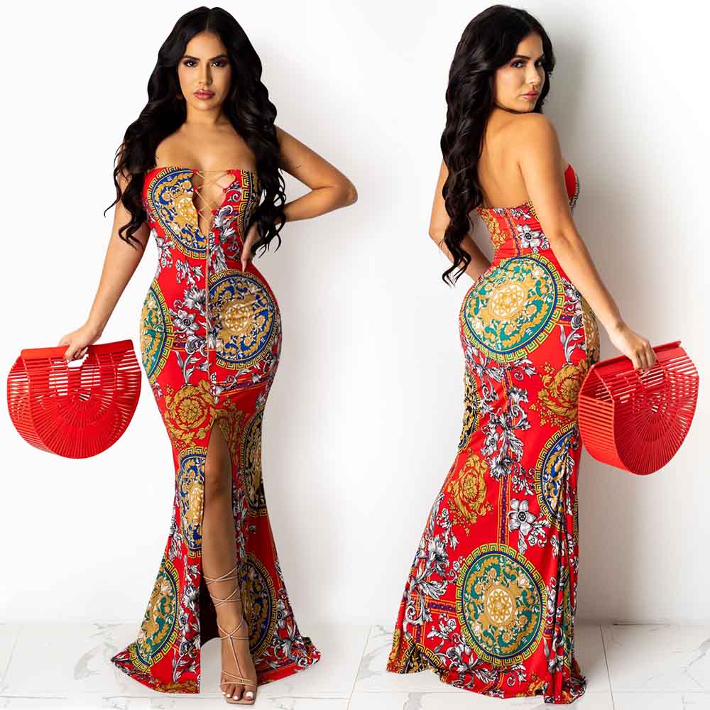 IHOOV Fashion V Neck Print Sleeveless Chain Tie Chest Slit Long elegant casual dresses party dress
