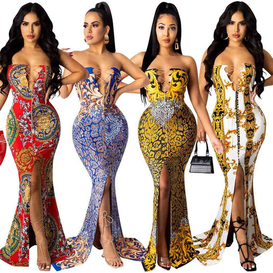 IHOOV Fashion V Neck Print Sleeveless Chain Tie Chest Slit Long elegant casual dresses party dress