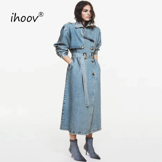 IHOOV outdoor Double Breasted Belted Denim Coat long coat fall clothing women ladies denim long jacket