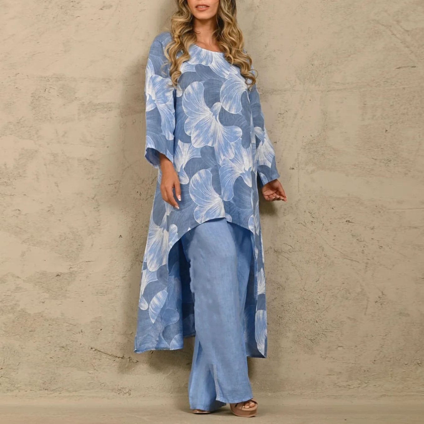 In Stock 2023 new women's fashion casual loose large print irregular top and straight pants suit
