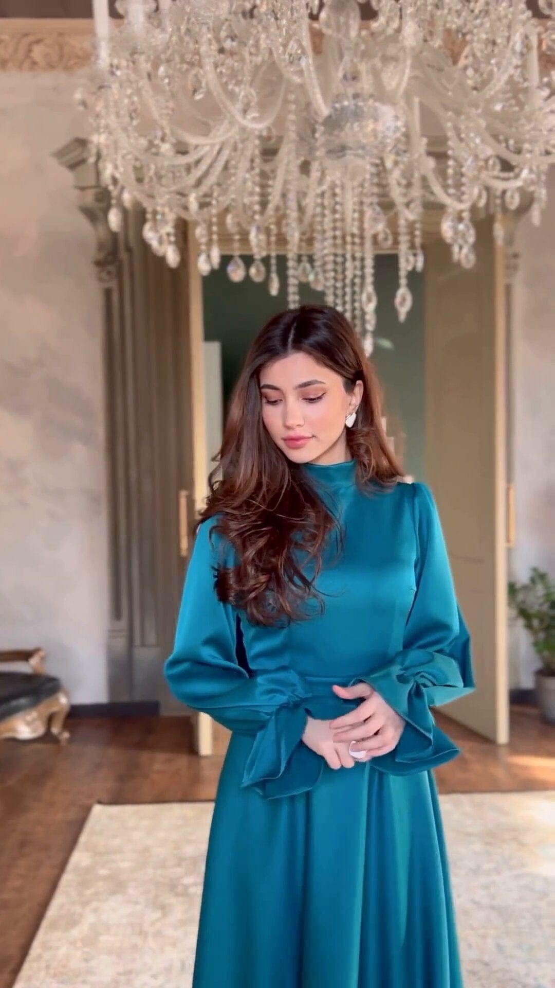 In stock 2023 Women's Dress Elegant Lotus Leaf Long Sleeve Standing Neck High Waist ruffled dress