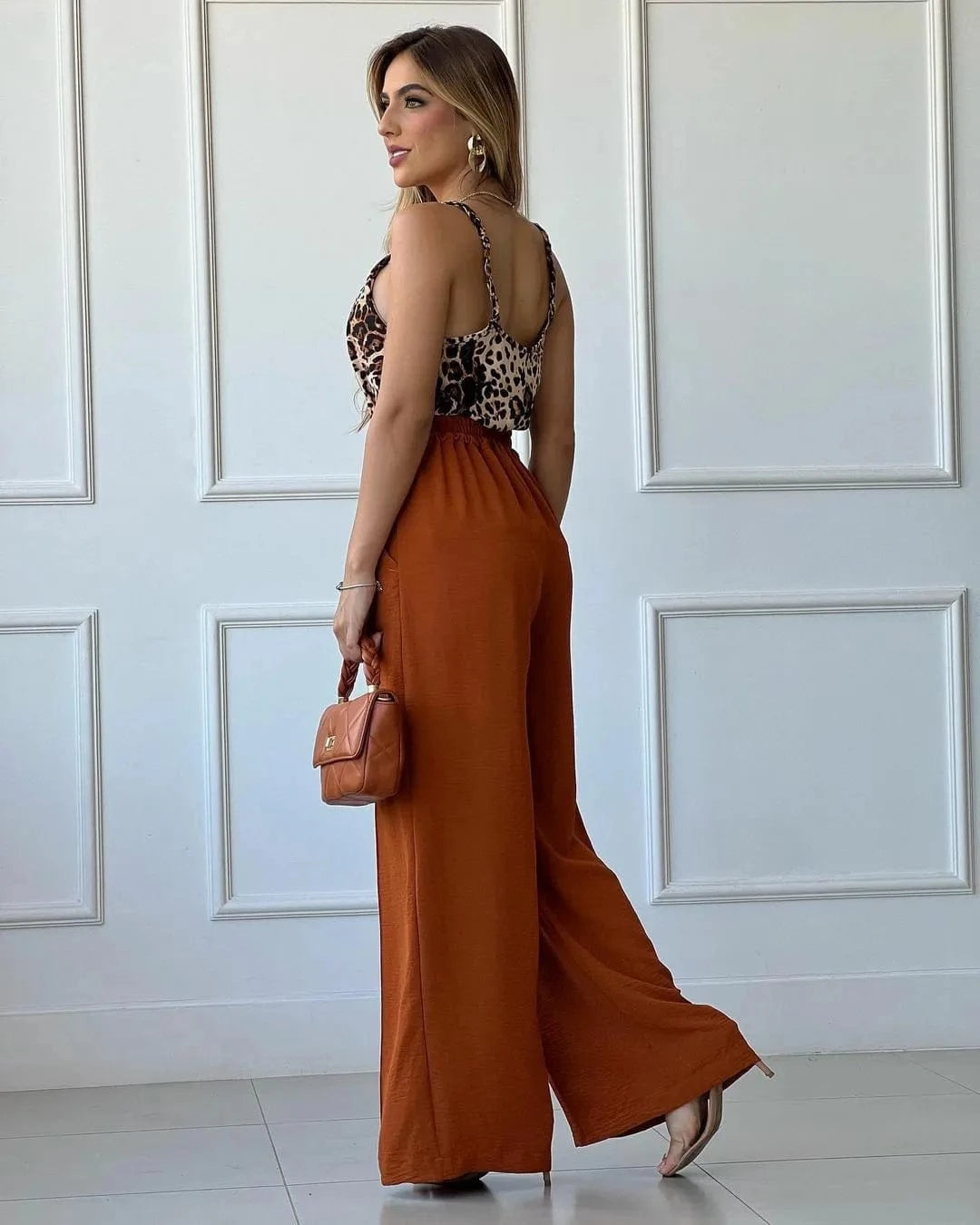 In stock Spring and Summer Thin pants Solid color Loose pleated Wide leg Women's Casual pants Half elastic waist