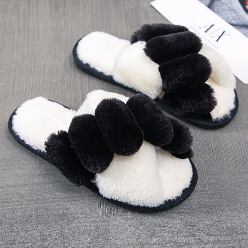 Indoor women fur slippers Trend two tone cross strap ladies fluffy slippers Open toe warm faux plush flat shoes