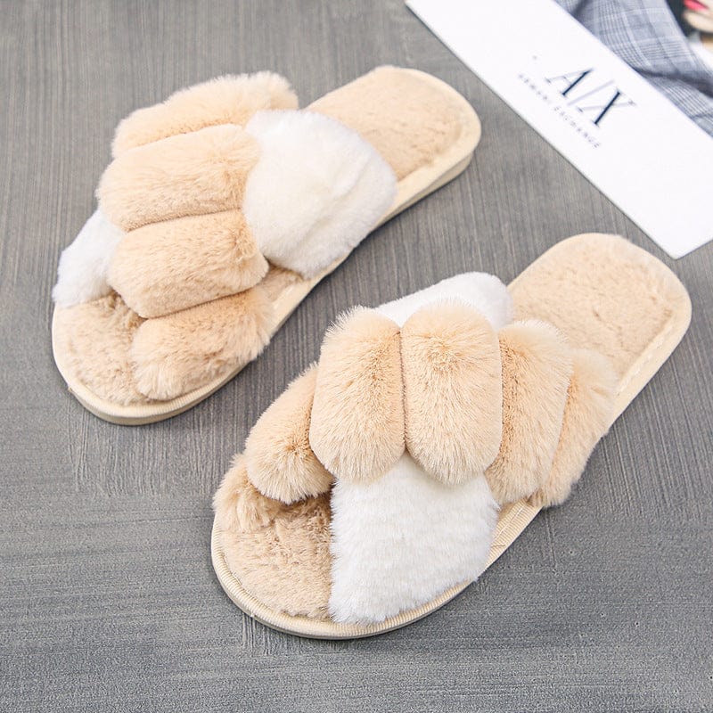 Indoor women fur slippers Trend two tone cross strap ladies fluffy slippers Open toe warm faux plush flat shoes