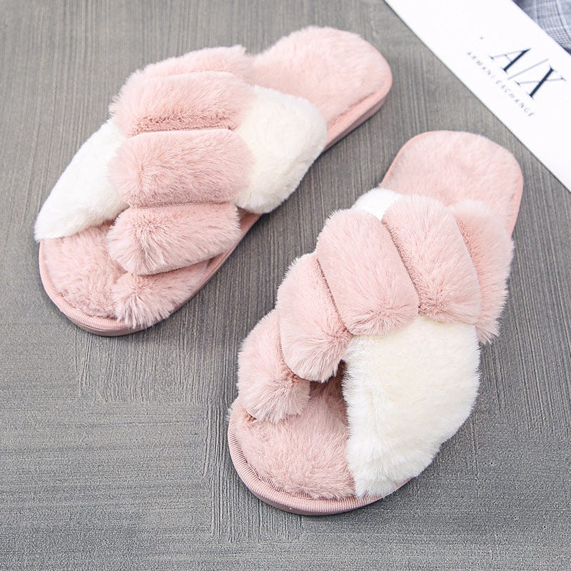 Indoor women fur slippers Trend two tone cross strap ladies fluffy slippers Open toe warm faux plush flat shoes