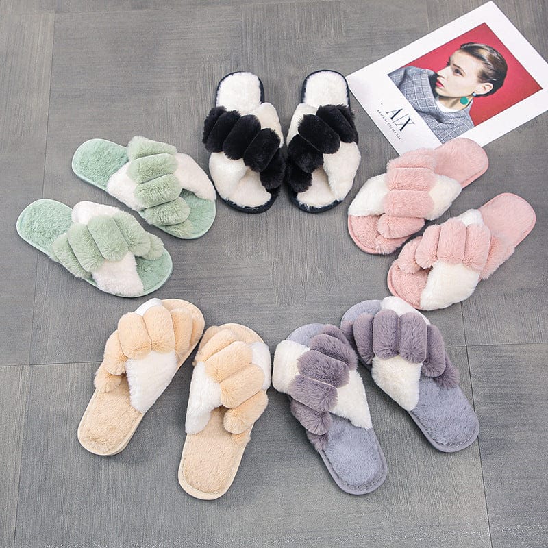 Indoor women fur slippers Trend two tone cross strap ladies fluffy slippers Open toe warm faux plush flat shoes