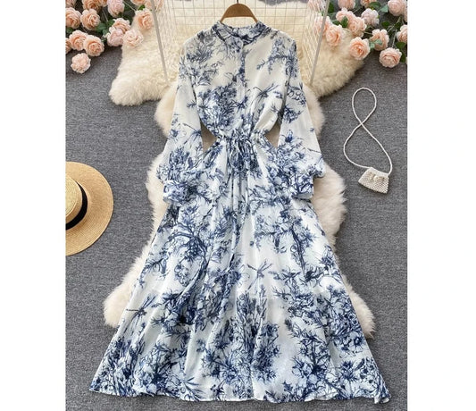 Ink Print Long Dress Buttons Drawstring Full Sleeves Dress Women Retro Casual Shirt Dress