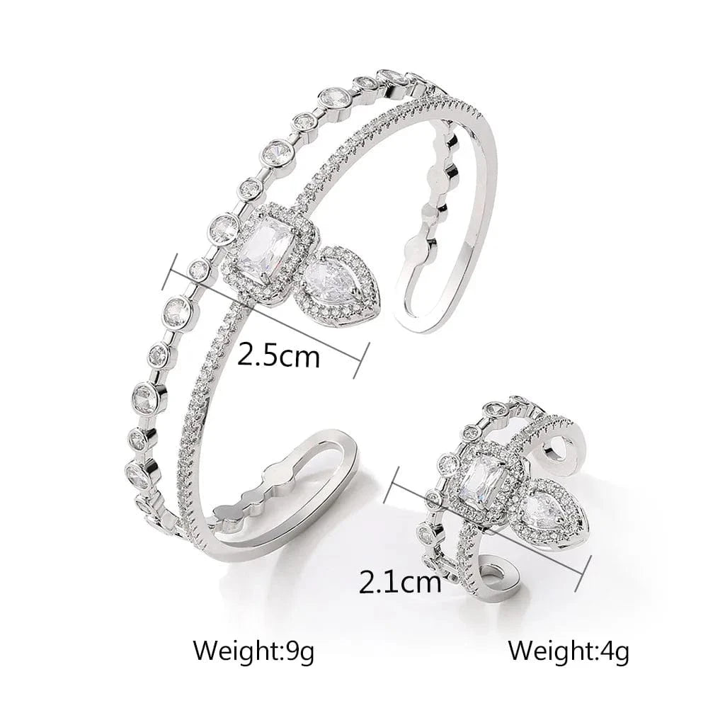 Ins cool style zircon Bangle and Ring Set Silver Color New Design (2 piece set)