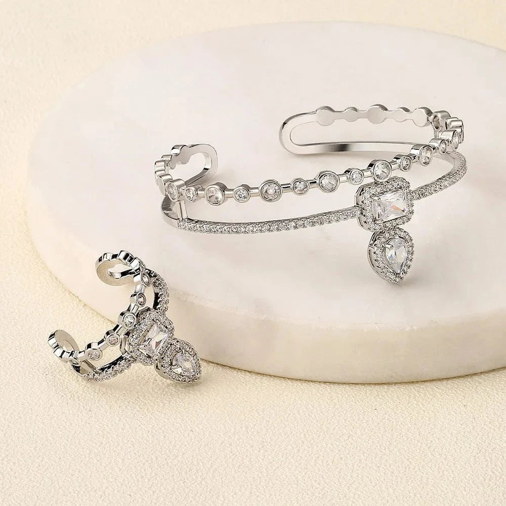 Ins cool style zircon Bangle and Ring Set Silver Color New Design (2 piece set)