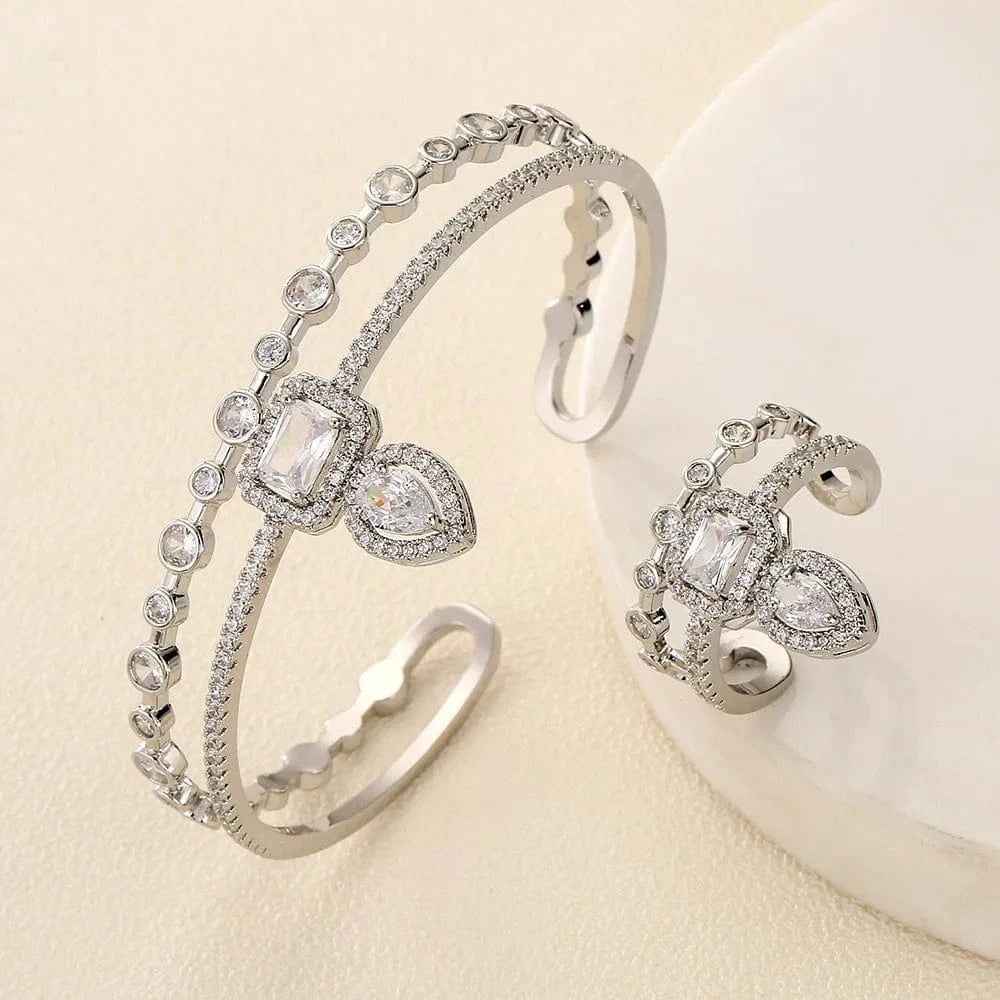 Ins cool style zircon Bangle and Ring Set Silver Color New Design (2 piece set)