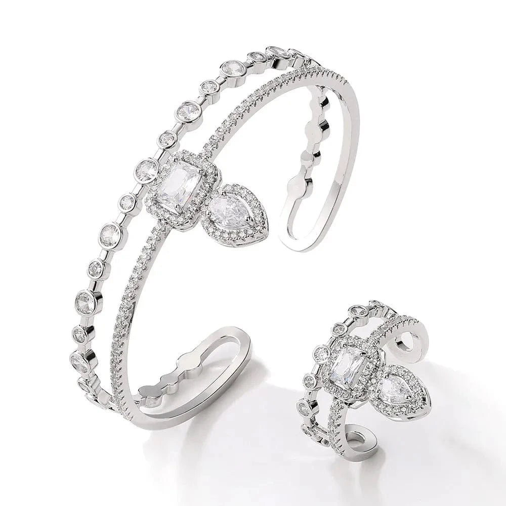 Ins cool style zircon Bangle and Ring Set Silver Color New Design (2 piece set)