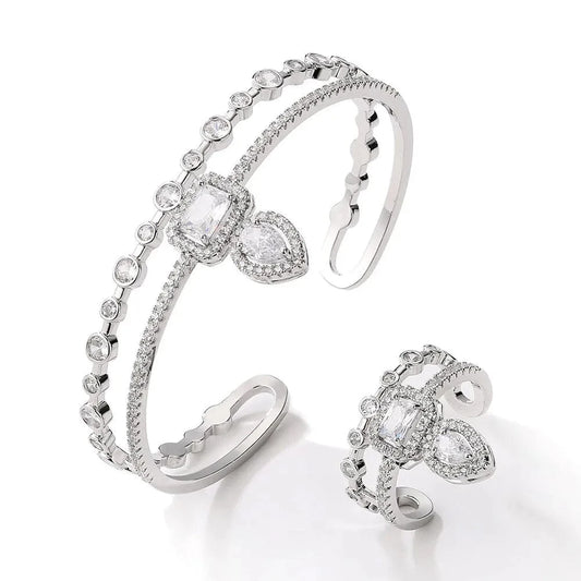 Ins cool style zircon Bangle and Ring Set Silver Color New Design (2 piece set)