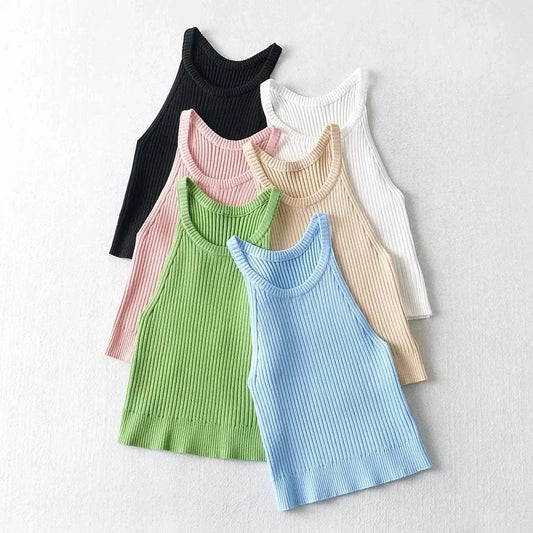 INS Fashion Cold Shoulder Candy Colors Knitted Basic Halter Tank Top