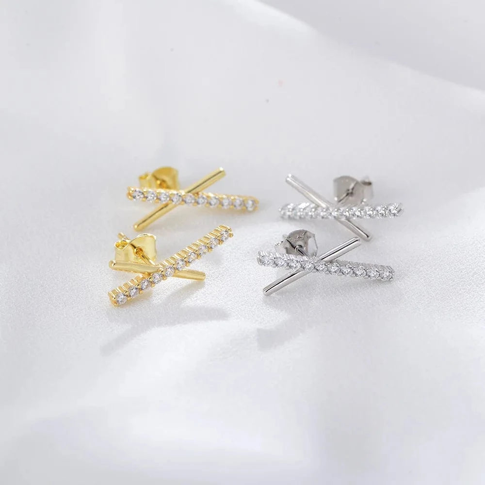 INS fine jewelry earrings 925 sterling silver earrings cross X shaped zircon gold plated stud earrings for women