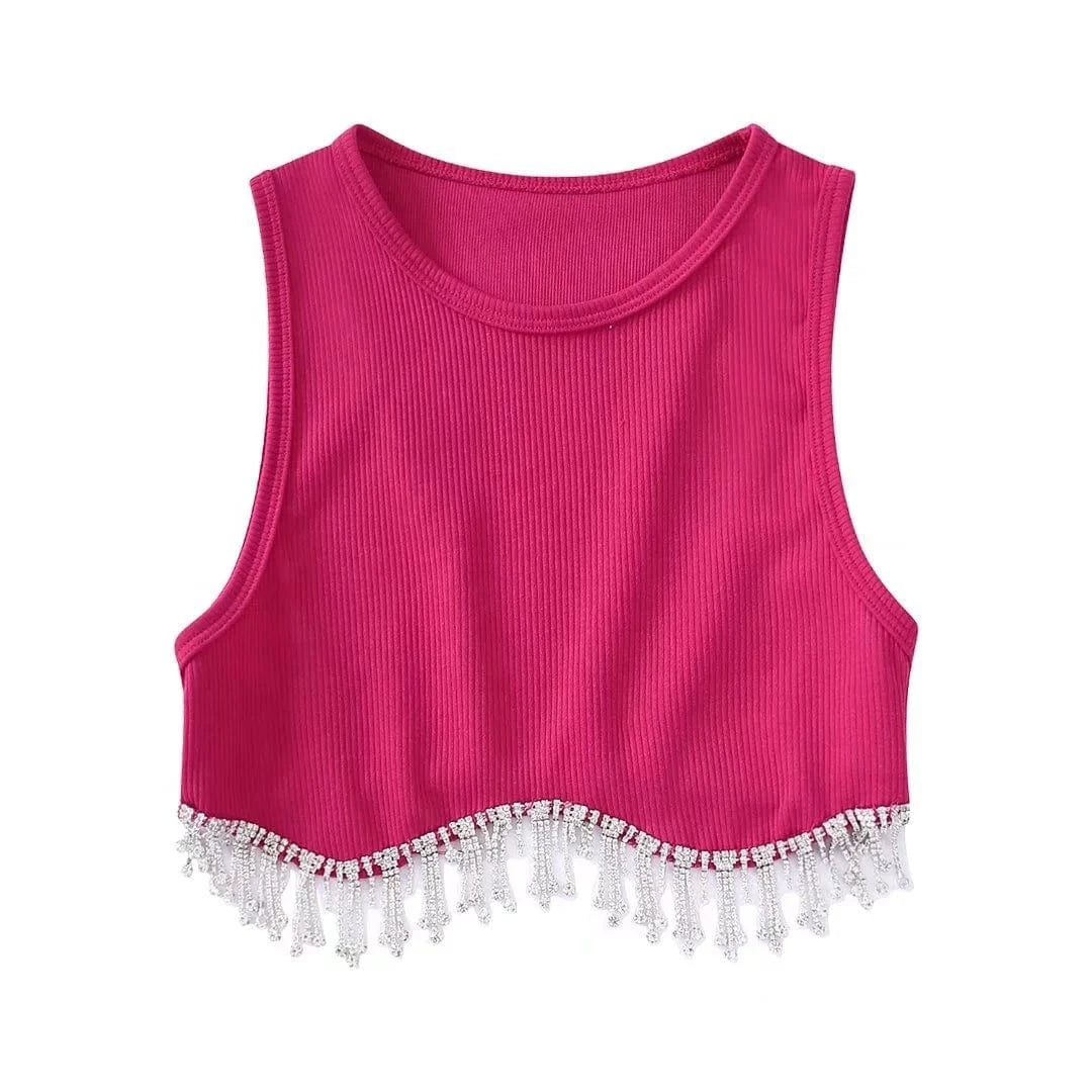 INS Hot Sell Dropshipping Curved Hem Inlaid Jewellery Decoration High Stretch Crop Tank Top