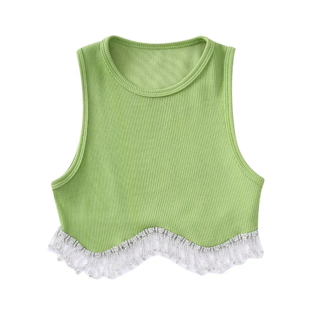 INS Hot Sell Dropshipping Curved Hem Inlaid Jewellery Decoration High Stretch Crop Tank Top