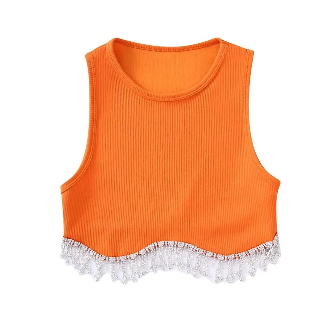 INS Hot Sell Dropshipping Curved Hem Inlaid Jewellery Decoration High Stretch Crop Tank Top