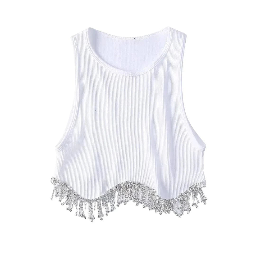 INS Hot Sell Dropshipping Curved Hem Inlaid Jewellery Decoration High Stretch Crop Tank Top