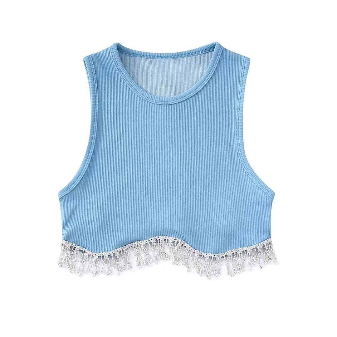 INS Hot Sell Dropshipping Curved Hem Inlaid Jewellery Decoration High Stretch Crop Tank Top