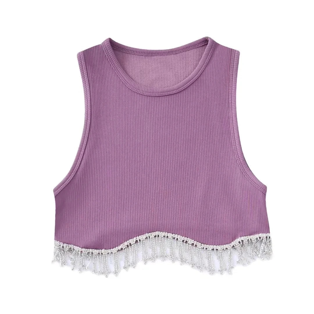 INS Hot Sell Dropshipping Curved Hem Inlaid Jewellery Decoration High Stretch Crop Tank Top