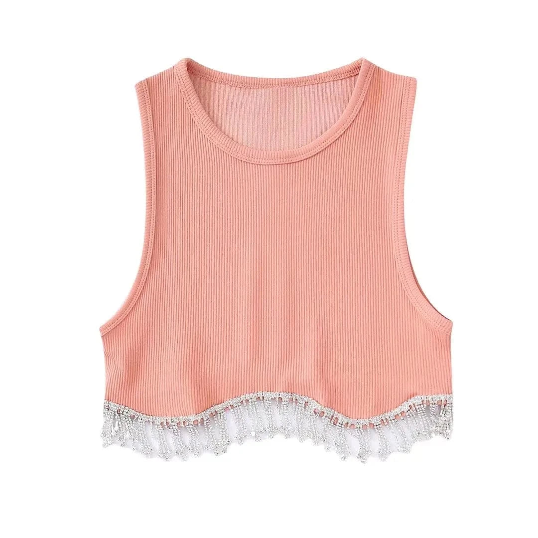 INS Hot Sell Dropshipping Curved Hem Inlaid Jewellery Decoration High Stretch Crop Tank Top