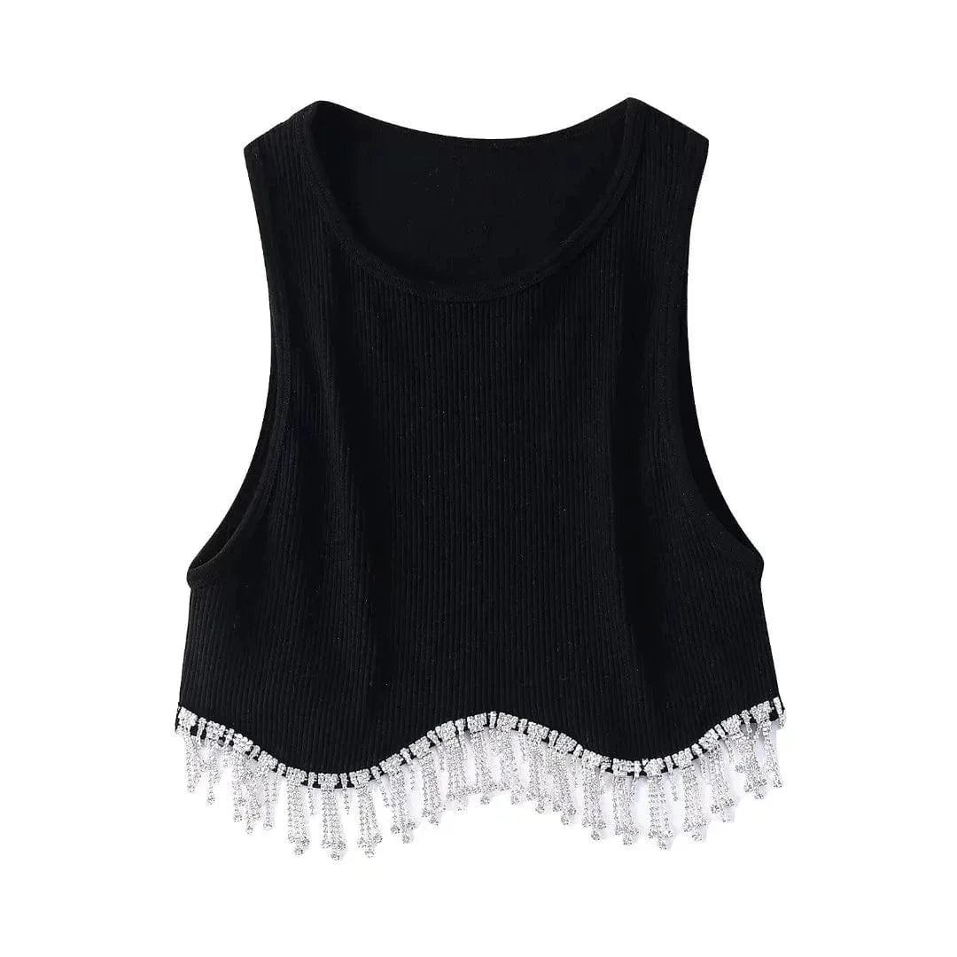 INS Hot Sell Dropshipping Curved Hem Inlaid Jewellery Decoration High Stretch Crop Tank Top