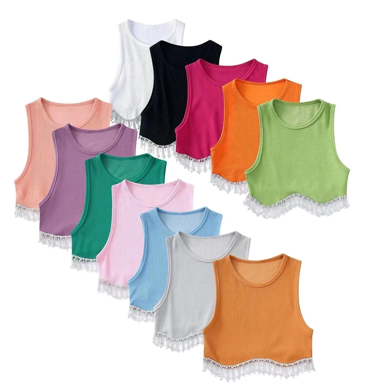 INS Hot Sell Dropshipping Curved Hem Inlaid Jewellery Decoration High Stretch Crop Tank Top