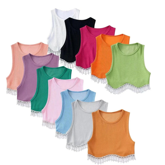 INS Hot Sell Dropshipping Curved Hem Inlaid Jewellery Decoration High Stretch Crop Tank Top