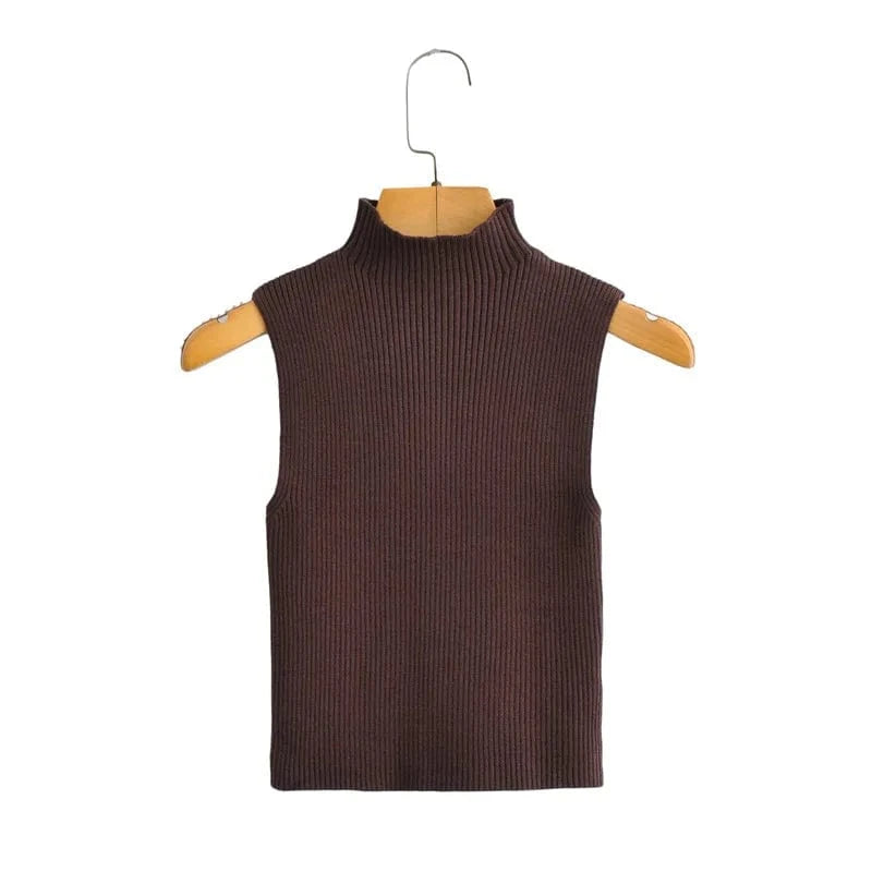INS Hot Sell knitted turtle neck sleeveless tank top