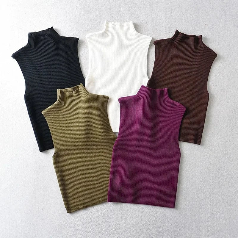 INS Hot Sell knitted turtle neck sleeveless tank top