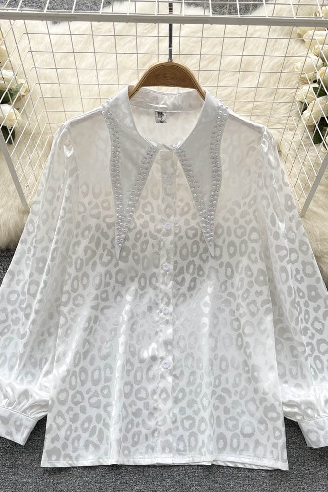Ins-style fashionable personality print shirt women's long-sleeved spring new point-neck chic French top