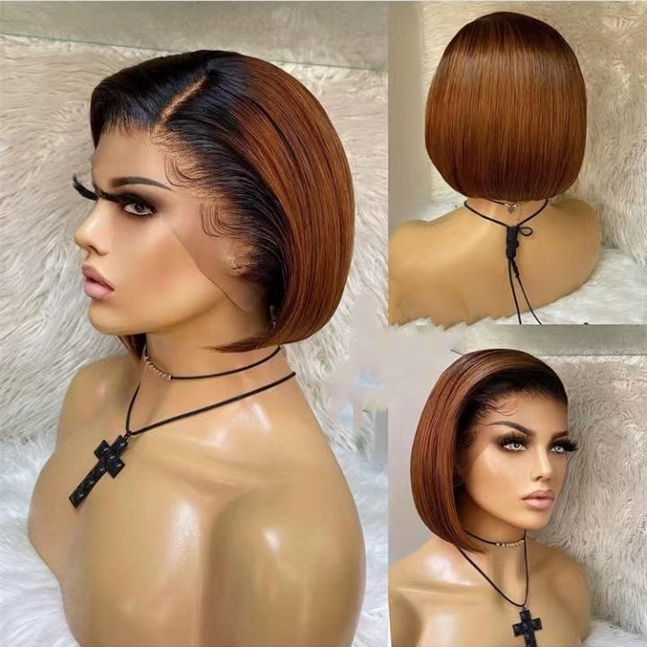 Invisible Swiss Lace Ombre Brown Color Pixie Blunt Cut Bob 100 Virgin Human Hair Super Soft Lace Front Wigs