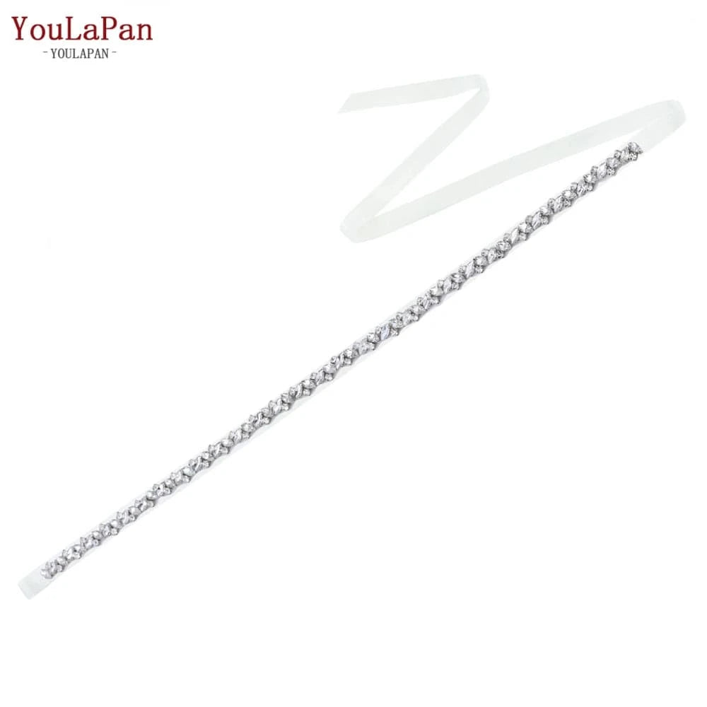 Ivory organza  Ribbon YouLaPan S404 Modern Design Hot Sale Women Dress Belt Silver Rhinestone Thin Belt Bridal Wedding Dress Waist Jewelry