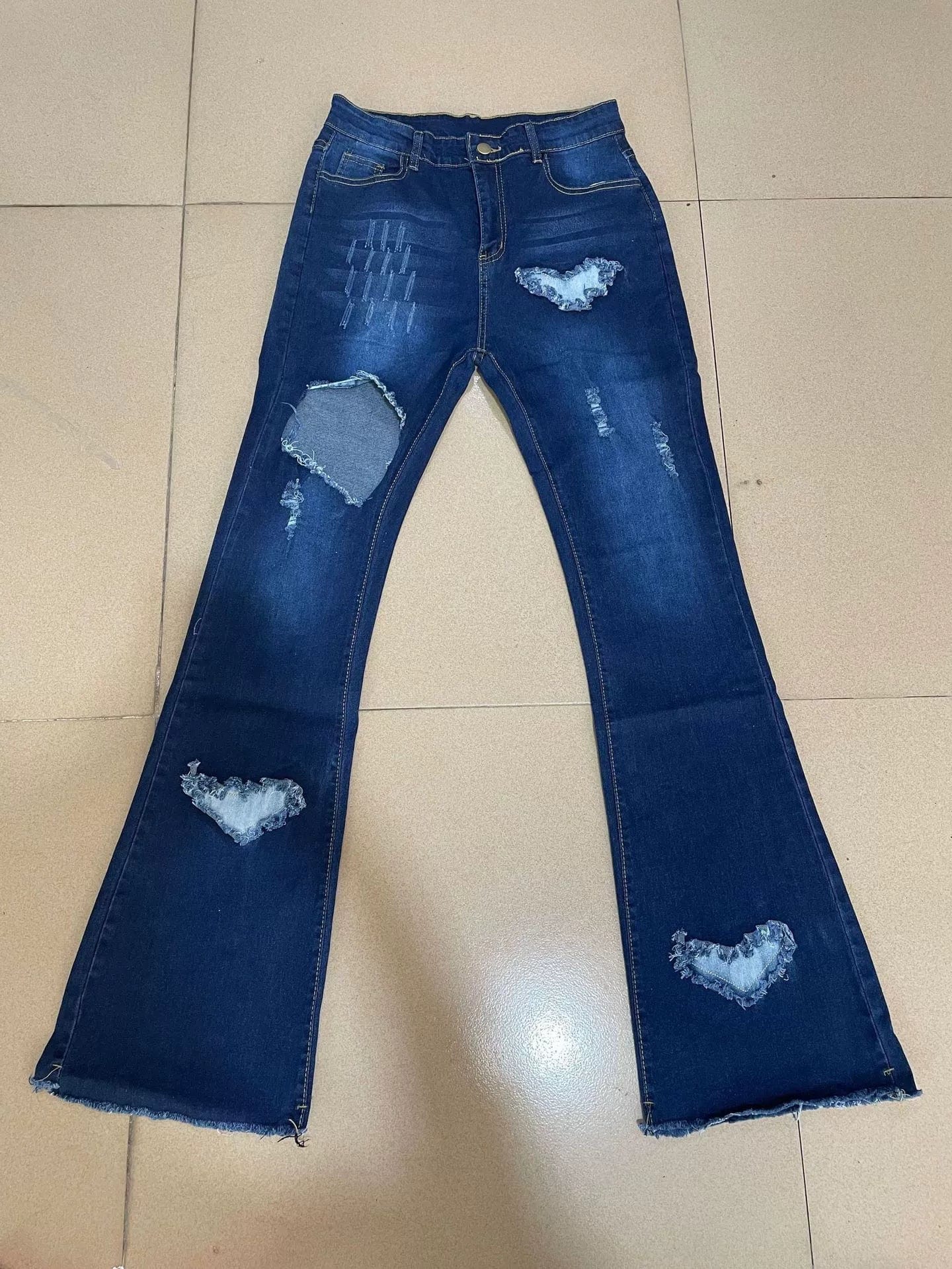 J&H 2022 new arrivals bell bottom jeans with heart patchwork ladies high waist ripped denim flared pants plus size fashion