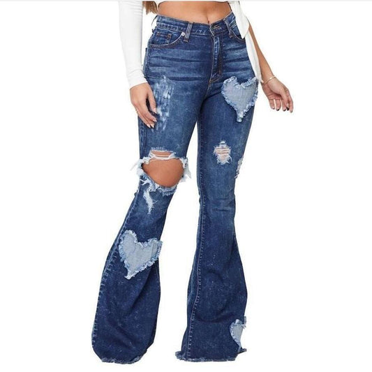 J&H 2022 new arrivals bell bottom jeans with heart patchwork ladies high waist ripped denim flared pants plus size fashion