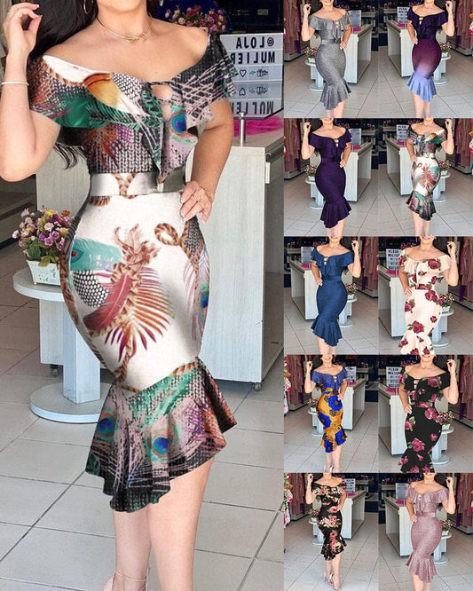 J&H 2022 summer on sale trendy print fishtail skirt plus size bodycon maxi dress women 3XL long casual dresses