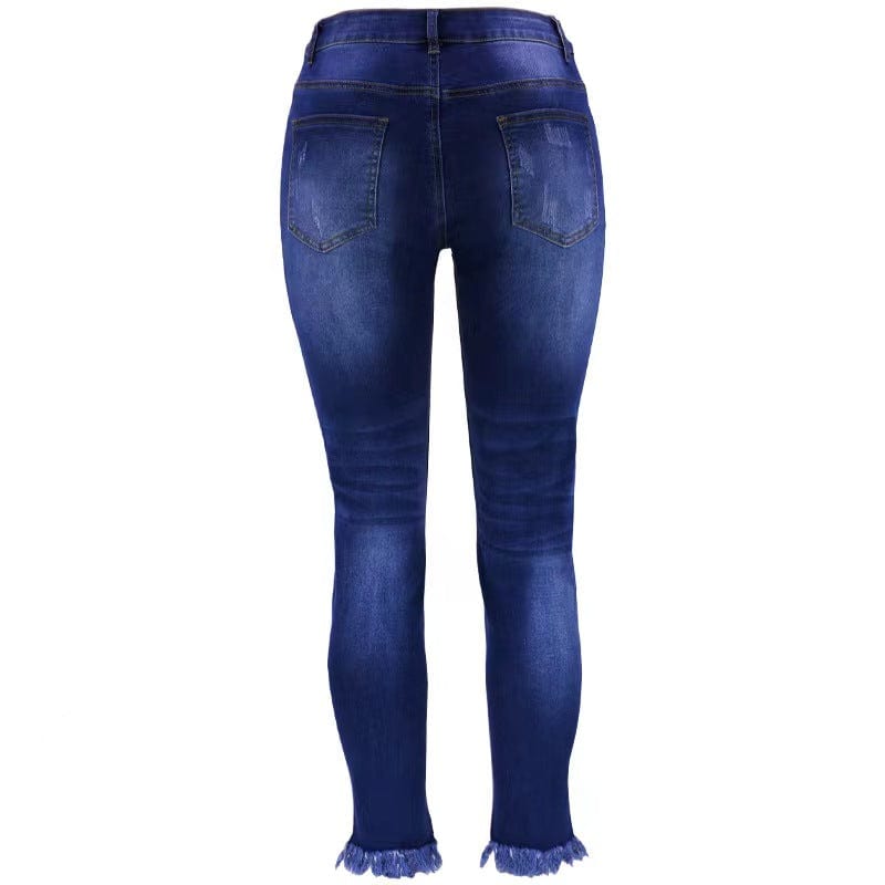 J&H 2023 fall fashion distressed jeans women casual hollow out fringe denim pants chic casual slim fit trousers