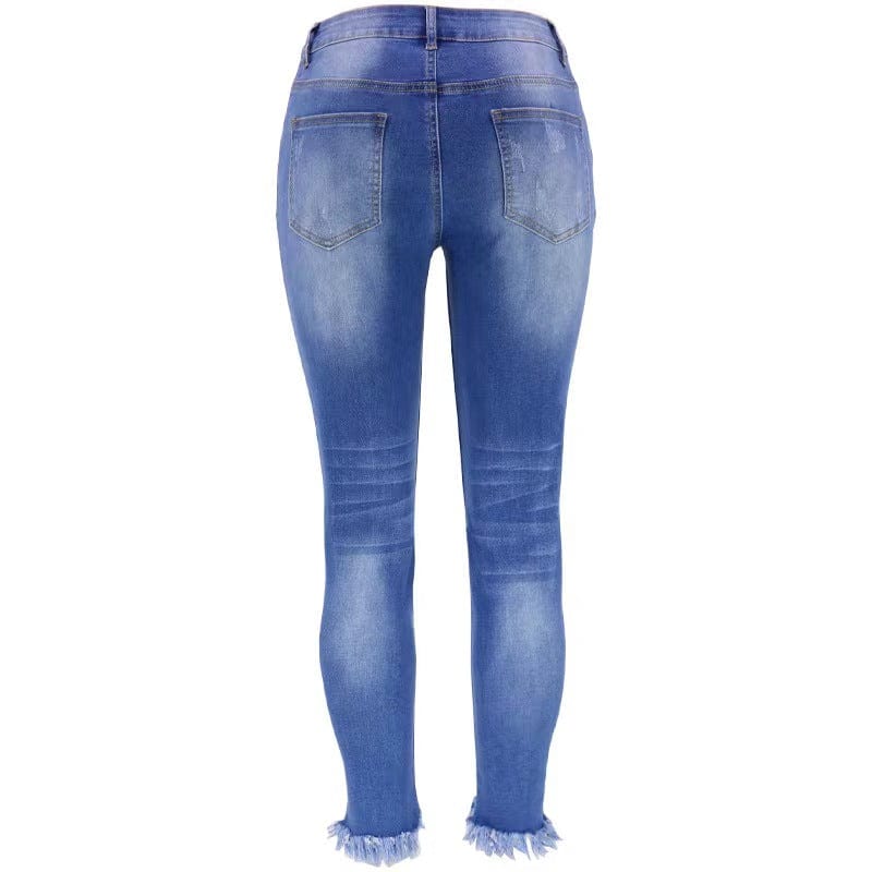 J&H 2023 fall fashion distressed jeans women casual hollow out fringe denim pants chic casual slim fit trousers